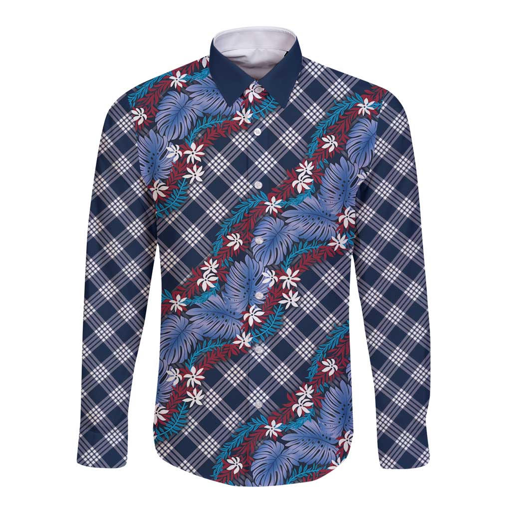 Polynesian Monstera Tiare Floral Long Sleeve Button Shirt Royal Blue Tropical Plaid LT01 Unisex Blue - Polynesian Pride
