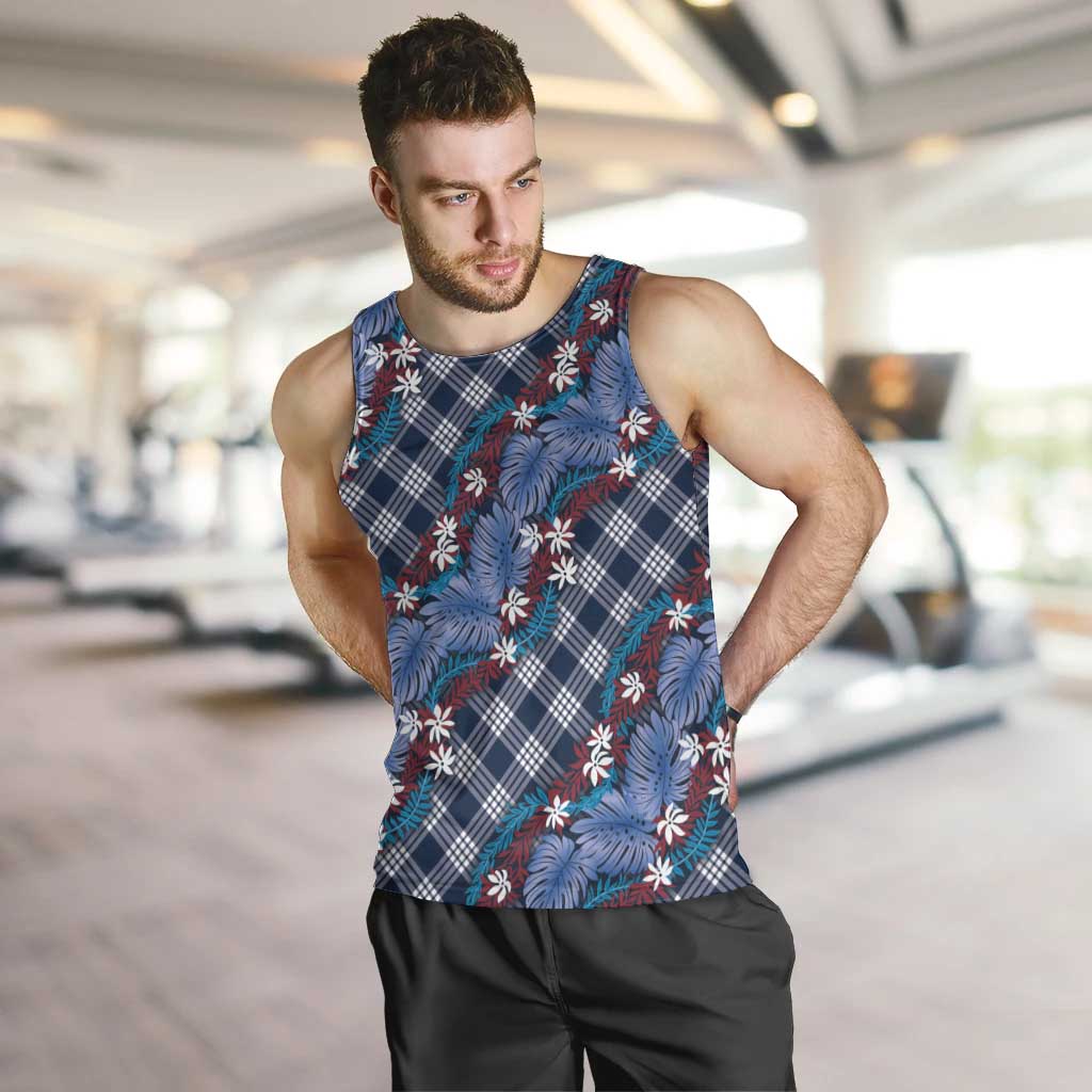 Polynesian Monstera Tiare Floral Men Tank Top Royal Blue Tropical Plaid LT01 Blue - Polynesian Pride