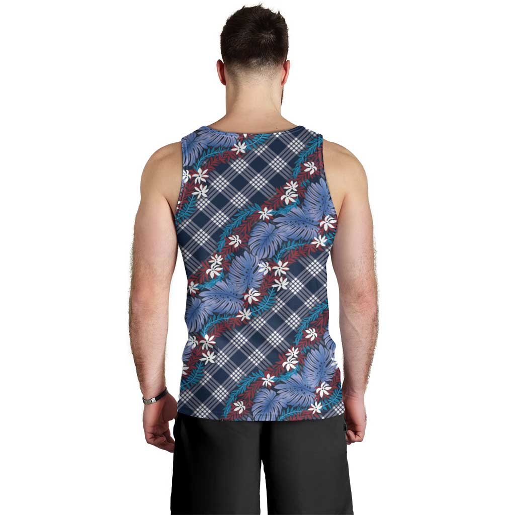 Polynesian Monstera Tiare Floral Men Tank Top Royal Blue Tropical Plaid LT01 - Polynesian Pride
