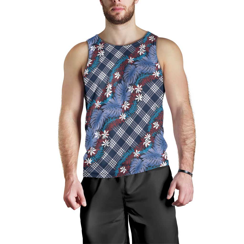 Polynesian Monstera Tiare Floral Men Tank Top Royal Blue Tropical Plaid LT01 - Polynesian Pride