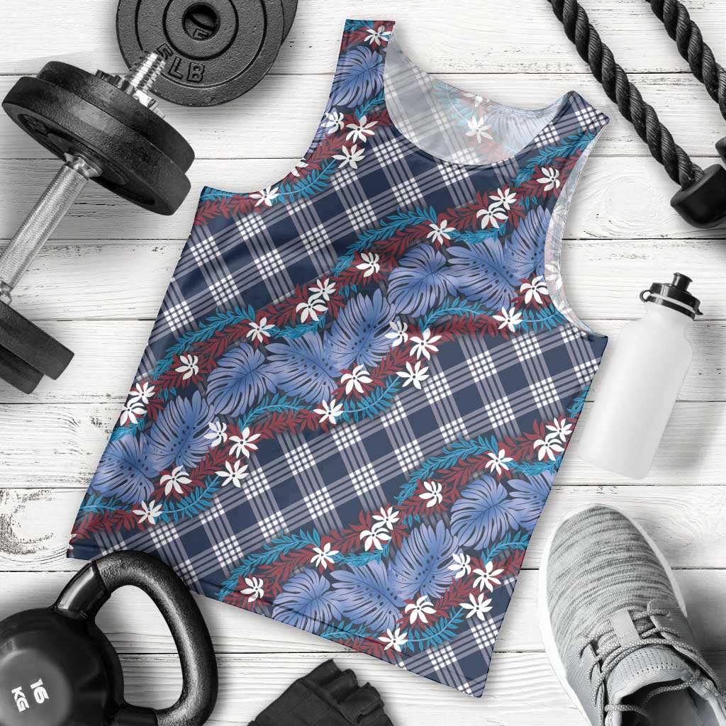 Polynesian Monstera Tiare Floral Men Tank Top Royal Blue Tropical Plaid LT01 - Polynesian Pride