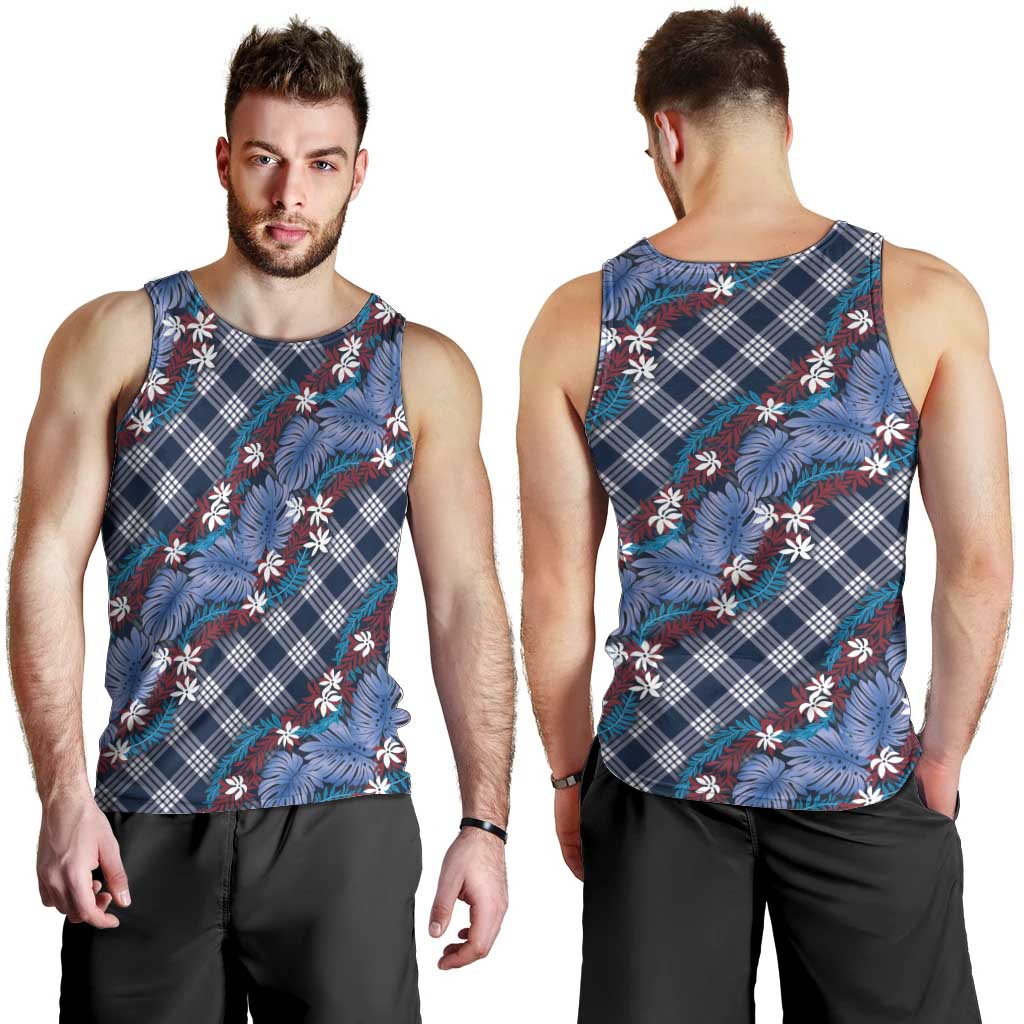 Polynesian Monstera Tiare Floral Men Tank Top Royal Blue Tropical Plaid LT01 - Polynesian Pride