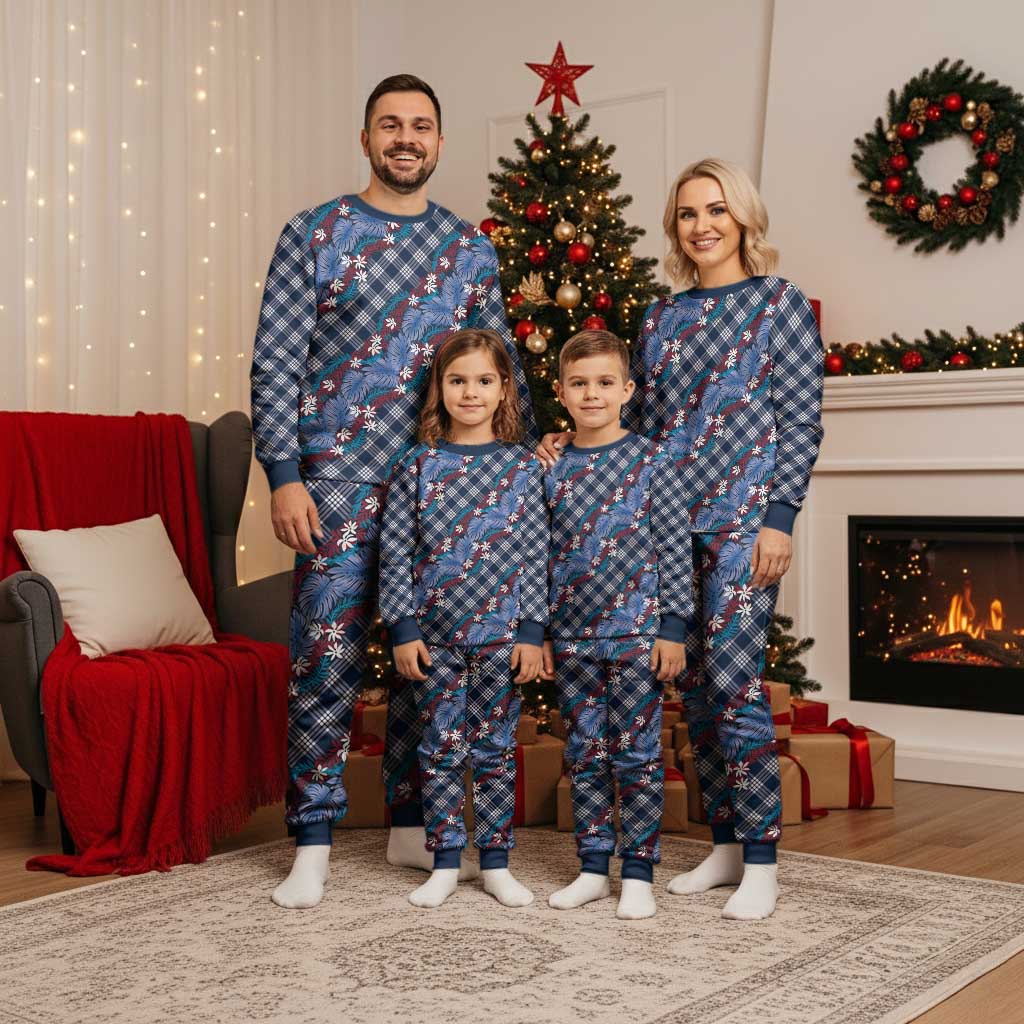 Polynesian Monstera Tiare Floral Christmas Pajama Set Royal Blue Tropical Plaid LT01 - Polynesian Pride