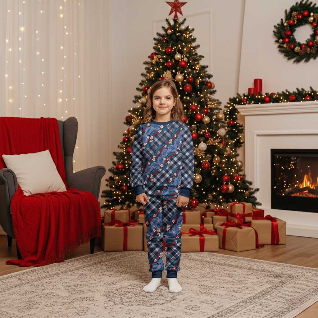 Polynesian Monstera Tiare Floral Christmas Pajama Set Royal Blue Tropical Plaid LT01 Kid Blue - Polynesian Pride