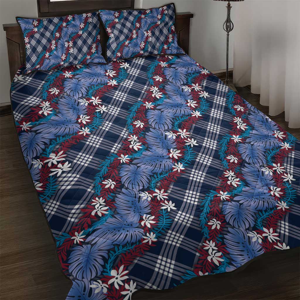 Polynesian Monstera Tiare Floral Quilt Bed Set Royal Blue Tropical Plaid LT01 Blue - Polynesian Pride