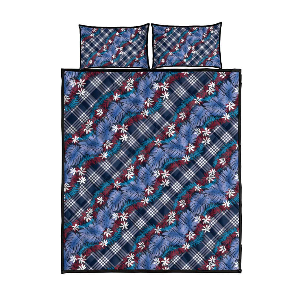 Polynesian Monstera Tiare Floral Quilt Bed Set Royal Blue Tropical Plaid LT01 - Polynesian Pride