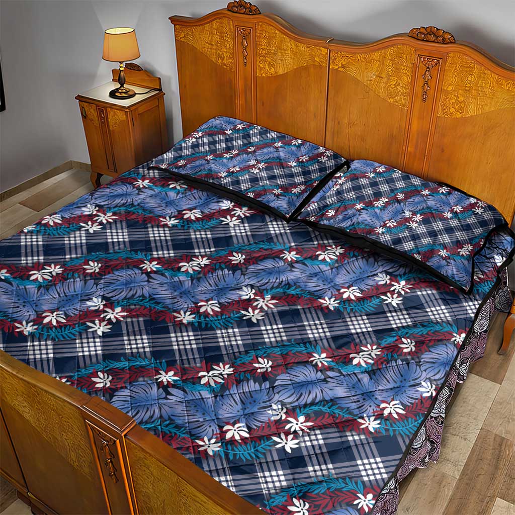 Polynesian Monstera Tiare Floral Quilt Bed Set Royal Blue Tropical Plaid LT01 - Polynesian Pride