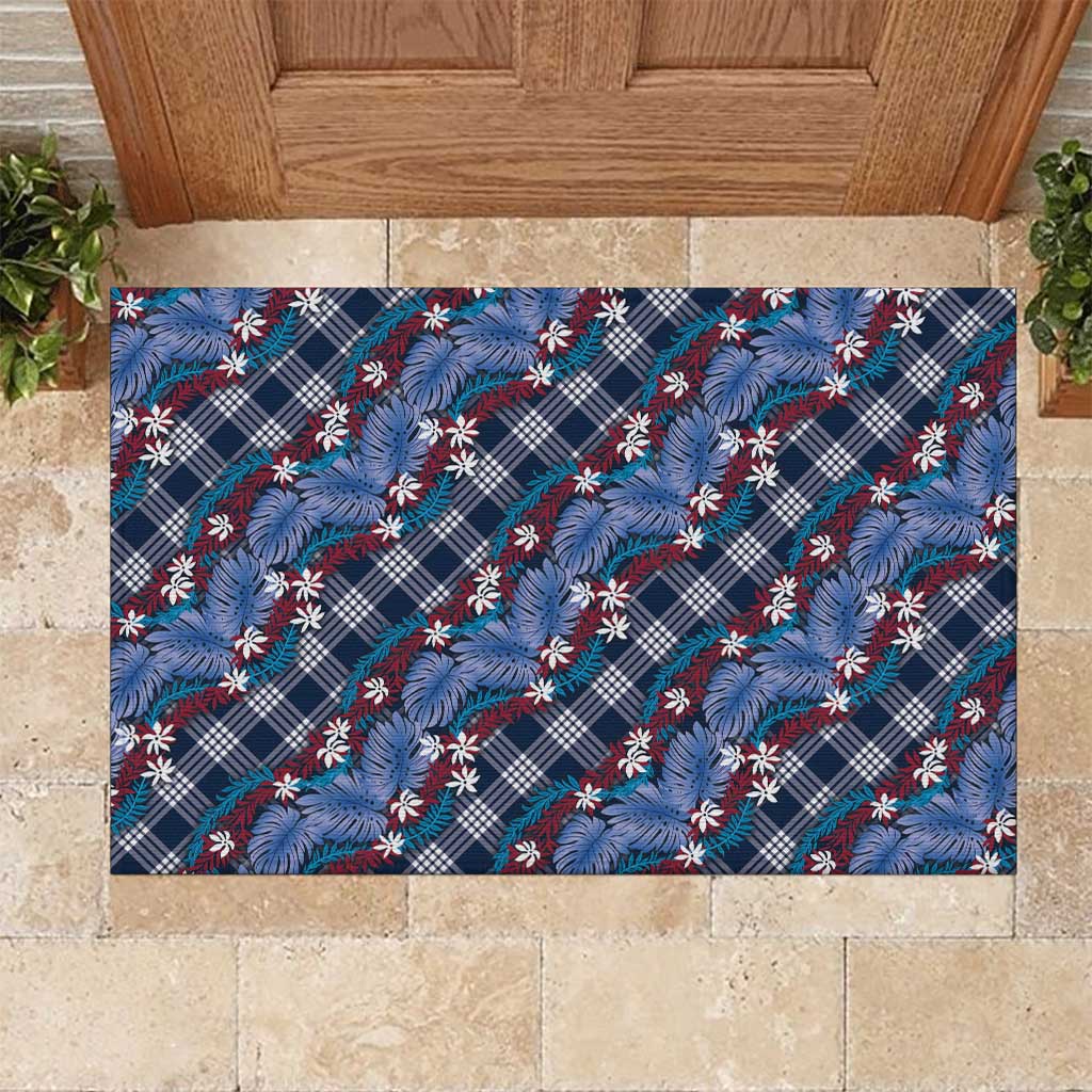 Polynesian Monstera Tiare Floral Rubber Doormat Royal Blue Tropical Plaid LT01 Blue - Polynesian Pride
