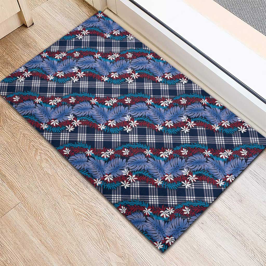 Polynesian Monstera Tiare Floral Rubber Doormat Royal Blue Tropical Plaid LT01 - Polynesian Pride
