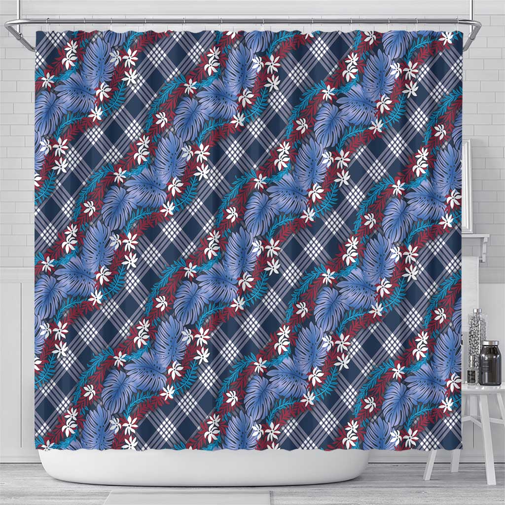 Polynesian Monstera Tiare Floral Shower Curtain Royal Blue Tropical Plaid LT01 - Polynesian Pride