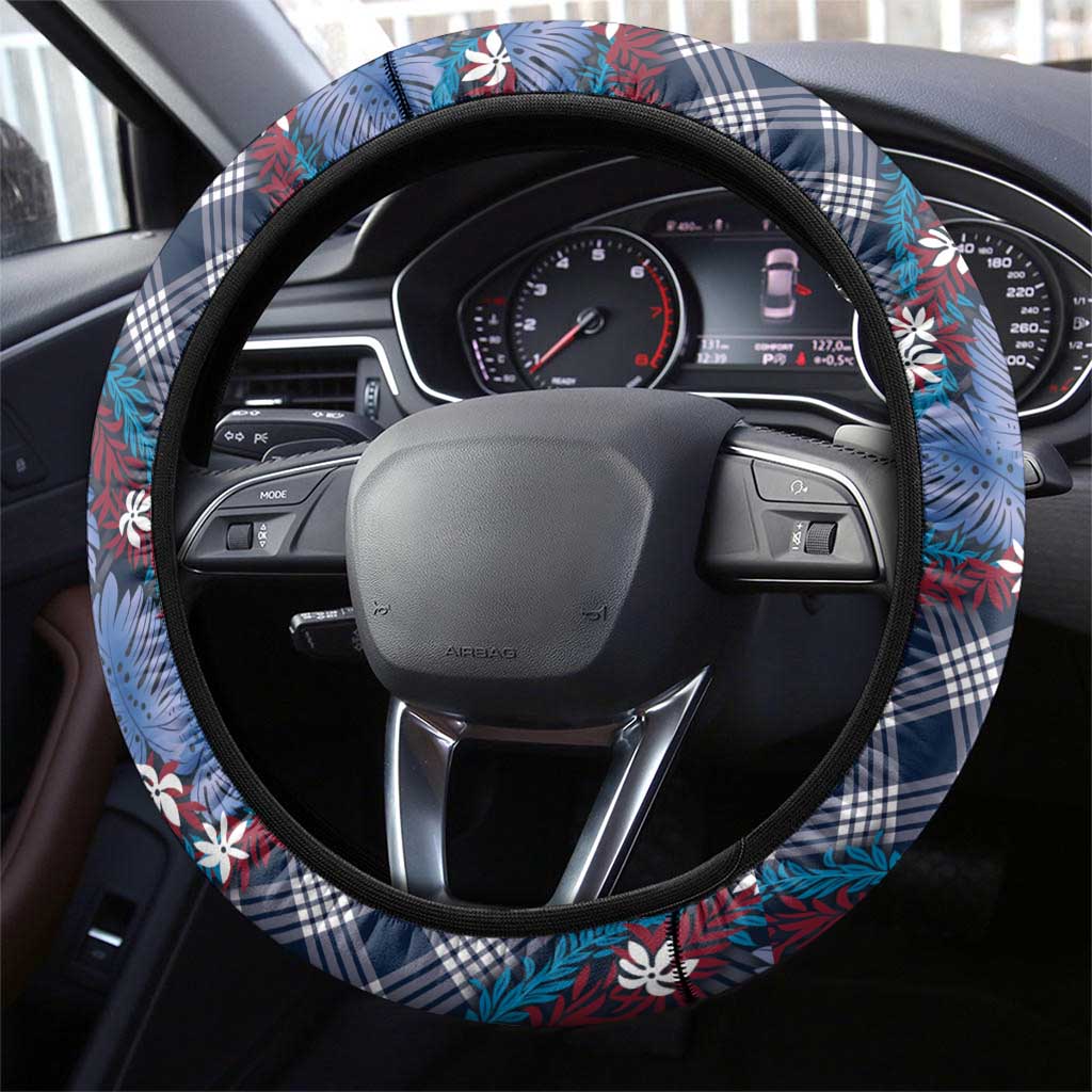 Polynesian Monstera Tiare Floral Steering Wheel Cover Royal Blue Tropical Plaid LT01 - Polynesian Pride