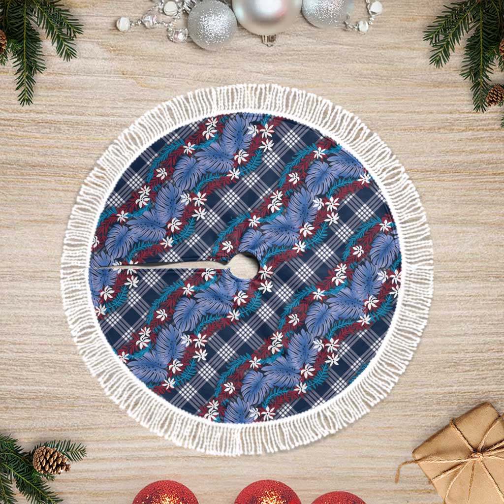 Polynesian Monstera Tiare Floral Tree Skirt Royal Blue Tropical Plaid LT01 Fringed Blue - Polynesian Pride