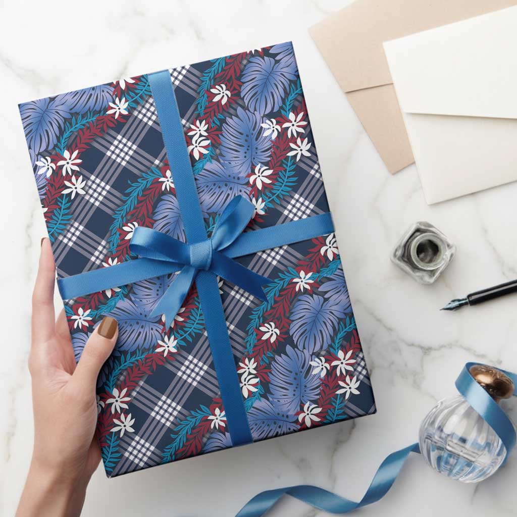 Polynesian Monstera Tiare Floral Wrapping Paper Royal Blue Tropical Plaid LT01 - Polynesian Pride