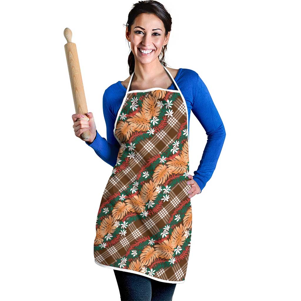 Polynesian Monstera Tiare Floral Apron Chocolate Brown Tropical Plaid LT01 - Polynesian Pride