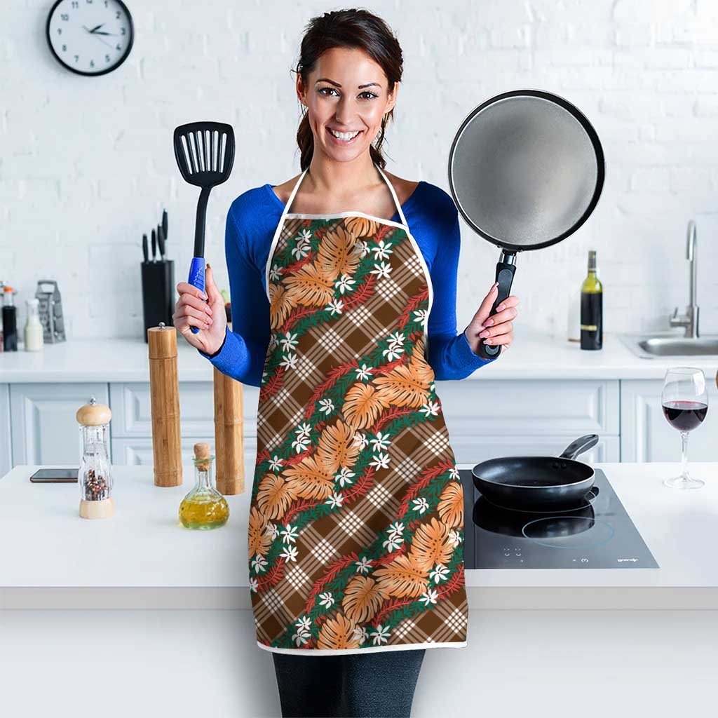 Polynesian Monstera Tiare Floral Apron Chocolate Brown Tropical Plaid LT01 - Polynesian Pride