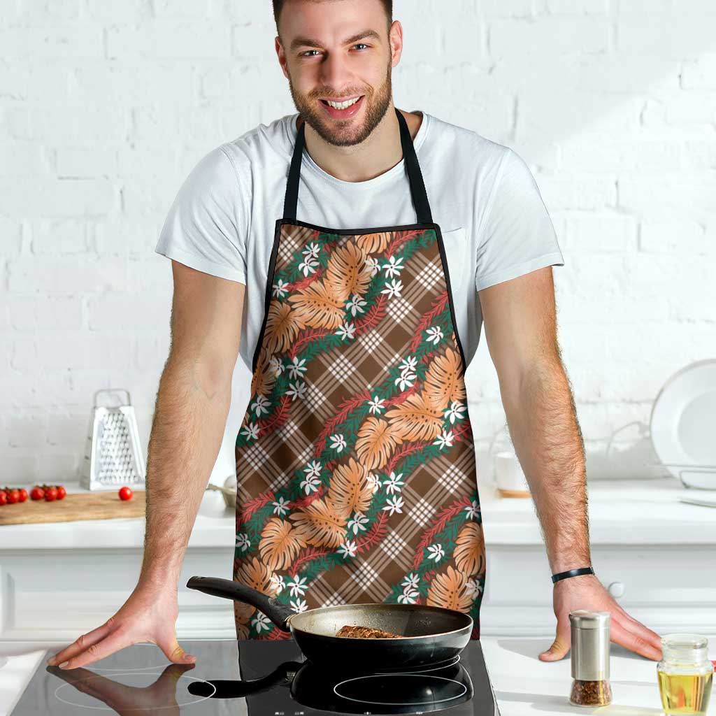 Polynesian Monstera Tiare Floral Apron Chocolate Brown Tropical Plaid LT01 - Polynesian Pride