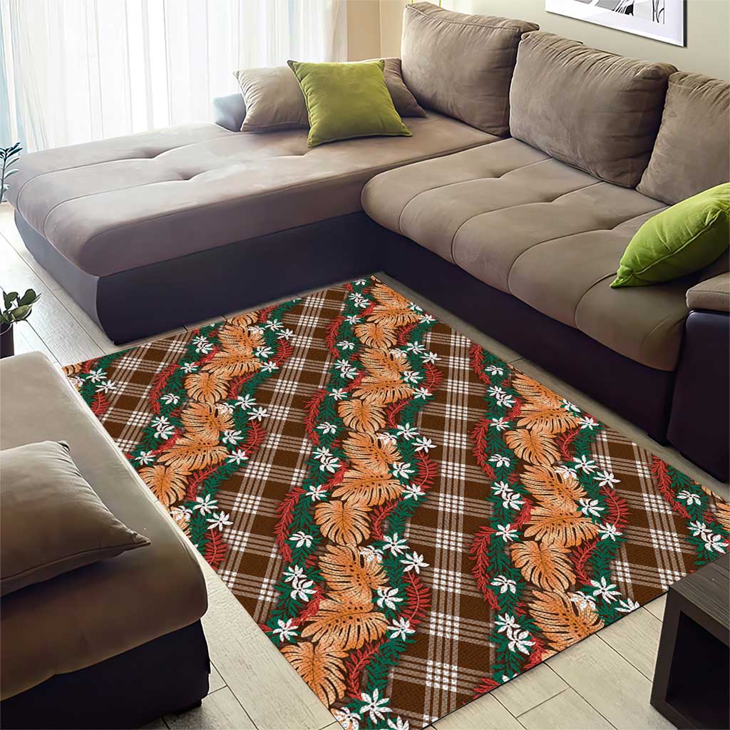 Polynesian Monstera Tiare Floral Area Rug Chocolate Brown Tropical Plaid LT01 - Polynesian Pride