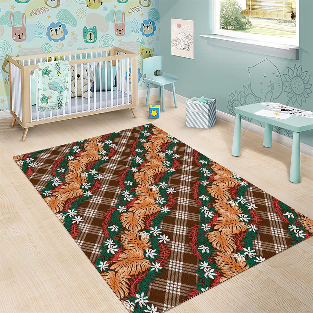 Polynesian Monstera Tiare Floral Area Rug Chocolate Brown Tropical Plaid LT01 - Polynesian Pride