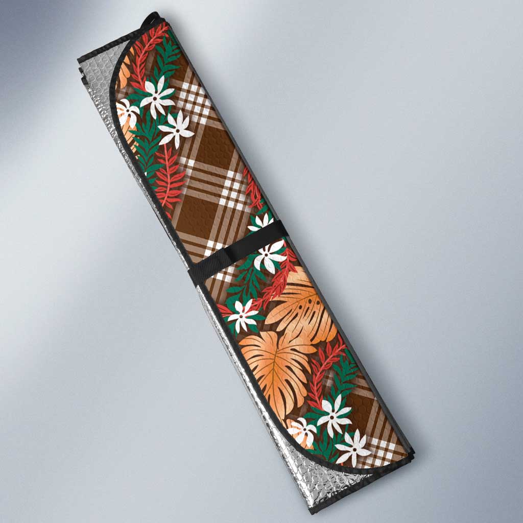 Polynesian Monstera Tiare Floral Auto Sun Shade Chocolate Brown Tropical Plaid LT01 - Polynesian Pride