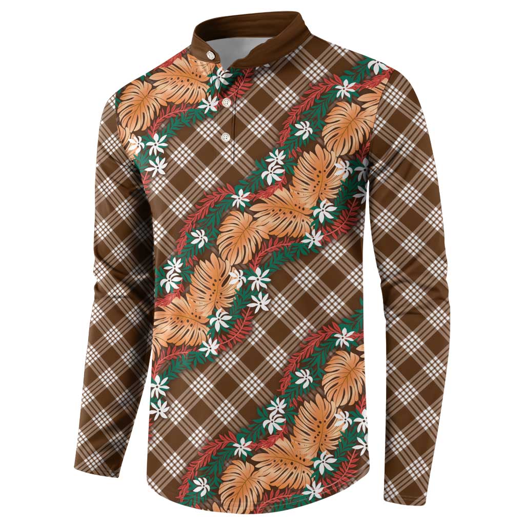 Polynesian Monstera Tiare Floral Button Sweatshirt Chocolate Brown Tropical Plaid LT01 - Polynesian Pride