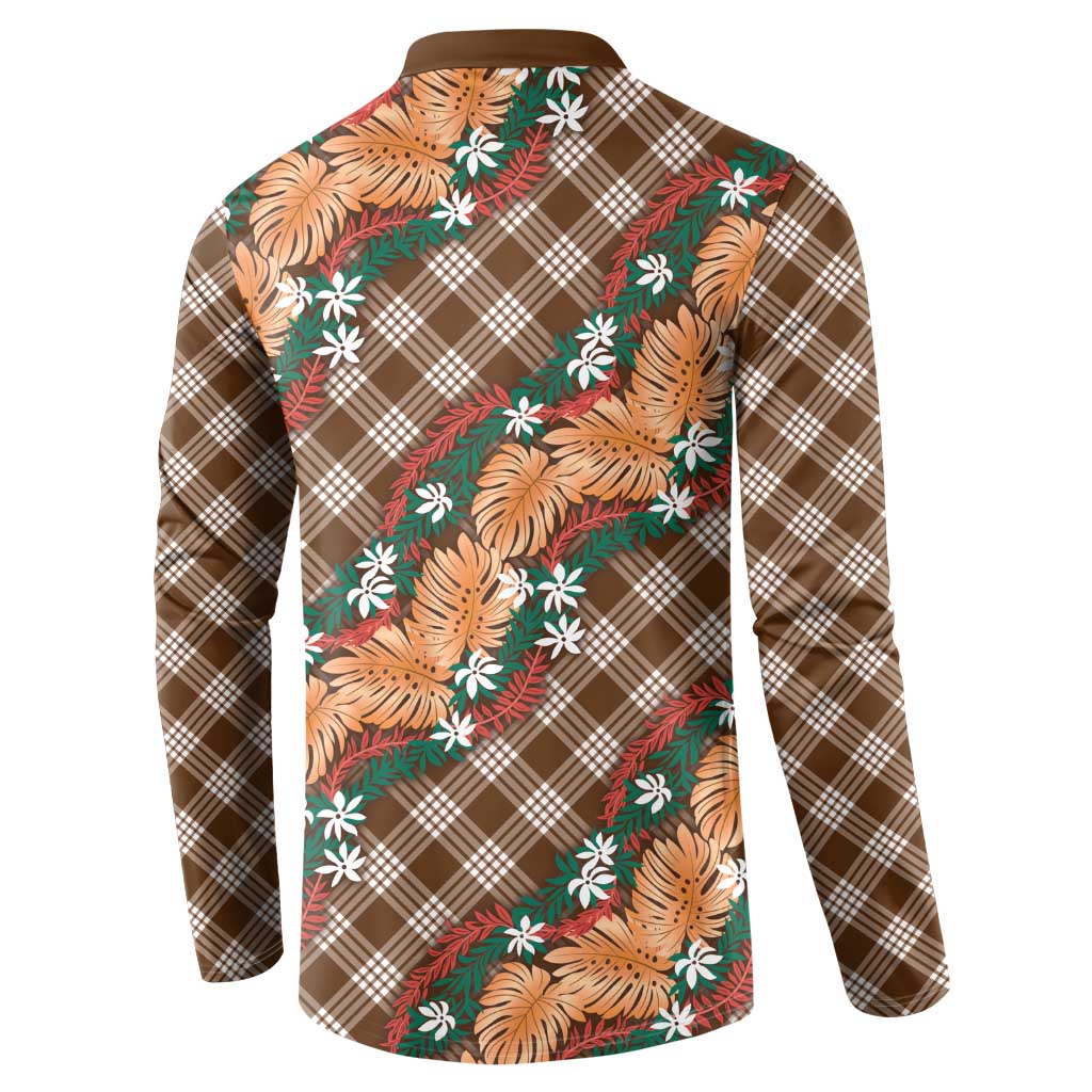 Polynesian Monstera Tiare Floral Button Sweatshirt Chocolate Brown Tropical Plaid LT01 - Polynesian Pride