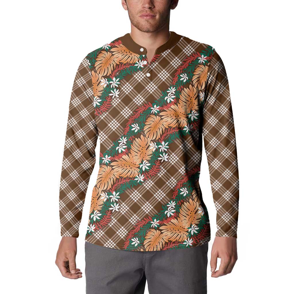 Polynesian Monstera Tiare Floral Button Sweatshirt Chocolate Brown Tropical Plaid LT01 - Polynesian Pride
