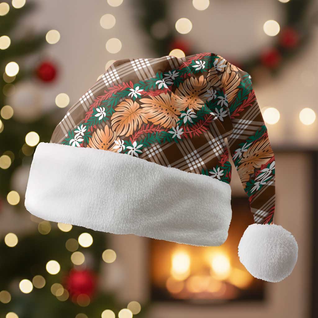 Polynesian Monstera Tiare Floral Christmas Santa Hat Chocolate Brown Tropical Plaid LT01 Without Fur Brown - Polynesian Pride