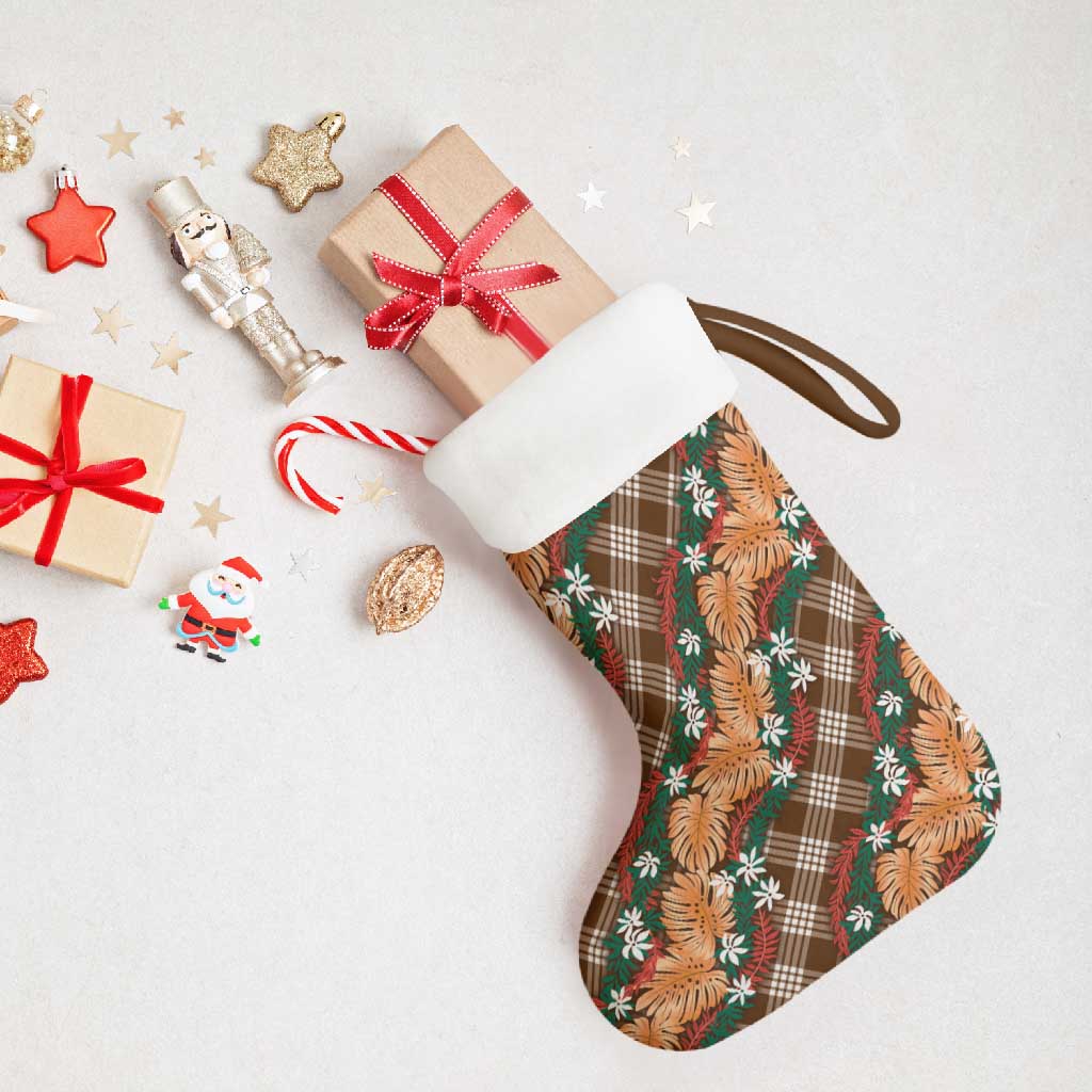 Polynesian Monstera Tiare Floral Christmas Stocking Chocolate Brown Tropical Plaid LT01 - Polynesian Pride