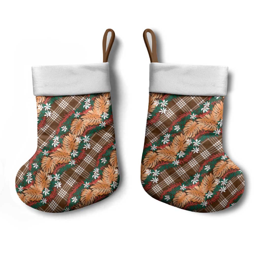 Polynesian Monstera Tiare Floral Christmas Stocking Chocolate Brown Tropical Plaid LT01 - Polynesian Pride