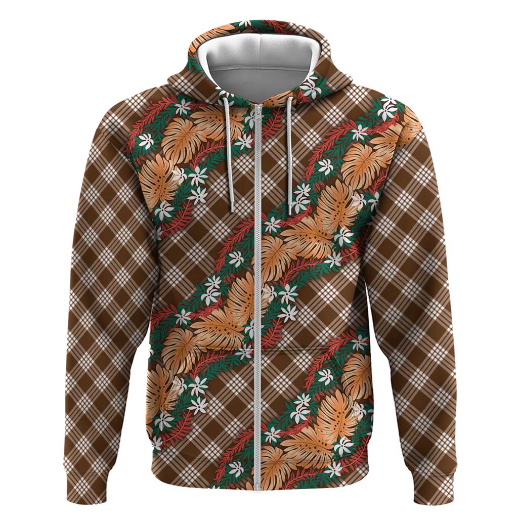Polynesian Monstera Tiare Floral Hoodie Chocolate Brown Tropical Plaid LT01 Zip Hoodie Brown - Polynesian Pride
