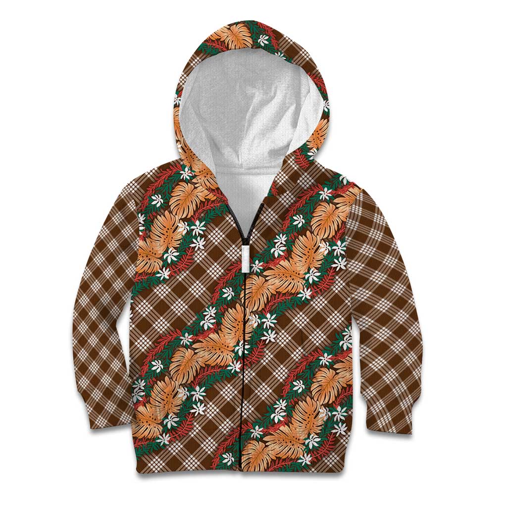 Polynesian Monstera Tiare Floral Kid Hoodie Chocolate Brown Tropical Plaid LT01 Zip Hoodie Brown - Polynesian Pride