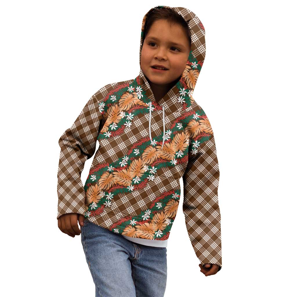 Polynesian Monstera Tiare Floral Kid Hoodie Chocolate Brown Tropical Plaid LT01 - Polynesian Pride