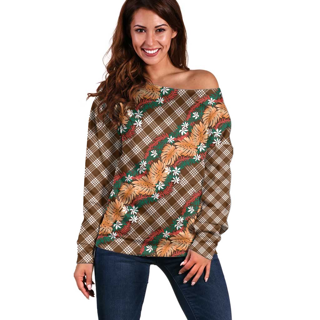 Polynesian Monstera Tiare Floral Off Shoulder Sweater Chocolate Brown Tropical Plaid LT01 Women Brown - Polynesian Pride