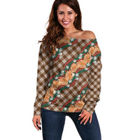 Polynesian Monstera Tiare Floral Off Shoulder Sweater Chocolate Brown Tropical Plaid LT01 Women Brown - Polynesian Pride