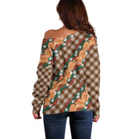 Polynesian Monstera Tiare Floral Off Shoulder Sweater Chocolate Brown Tropical Plaid LT01 - Polynesian Pride