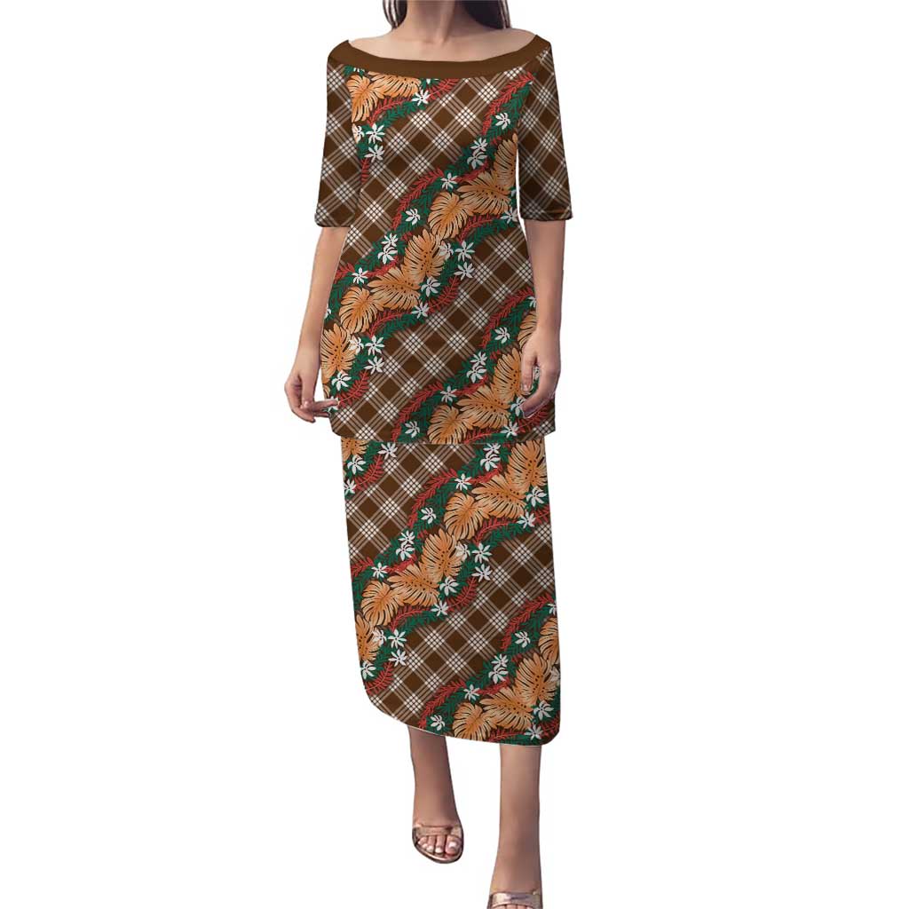 Polynesian Monstera Tiare Floral Puletasi Chocolate Brown Tropical Plaid LT01 Long Dress Brown - Polynesian Pride
