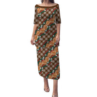 Polynesian Monstera Tiare Floral Puletasi Chocolate Brown Tropical Plaid LT01 Long Dress Brown - Polynesian Pride