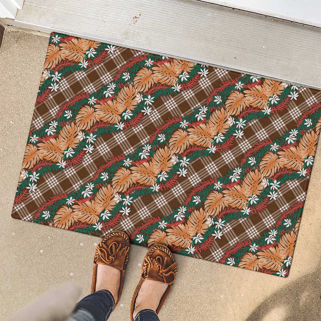 Polynesian Monstera Tiare Floral Rubber Doormat Chocolate Brown Tropical Plaid LT01 - Polynesian Pride