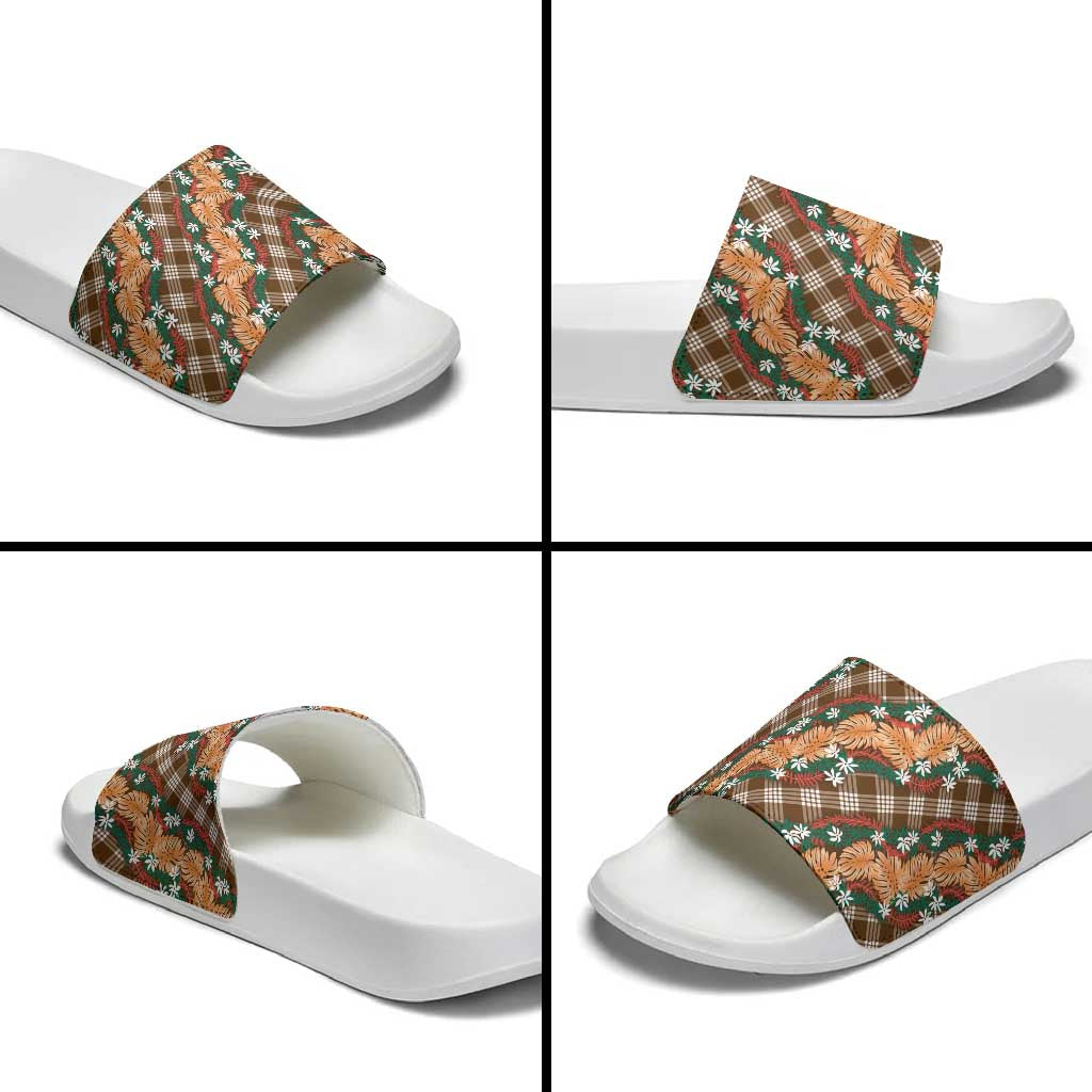 Polynesian Monstera Tiare Floral Slide Sandals Chocolate Brown Tropical Plaid LT01 - Polynesian Pride