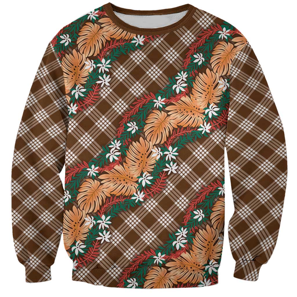 Polynesian Monstera Tiare Floral Sweatshirt Chocolate Brown Tropical Plaid LT01 Unisex Brown - Polynesian Pride