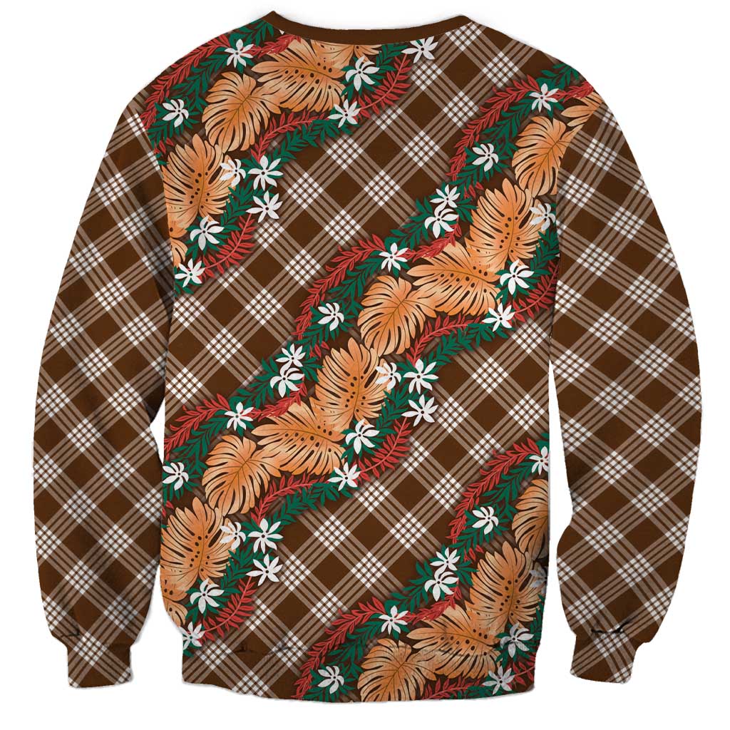Polynesian Monstera Tiare Floral Sweatshirt Chocolate Brown Tropical Plaid LT01 - Polynesian Pride