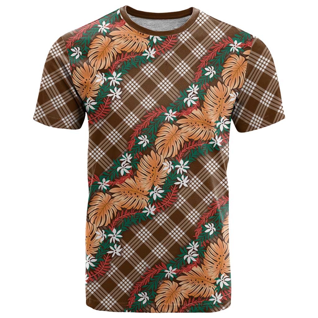 Polynesian Monstera Tiare Floral T Shirt Chocolate Brown Tropical Plaid LT01 Brown - Polynesian Pride