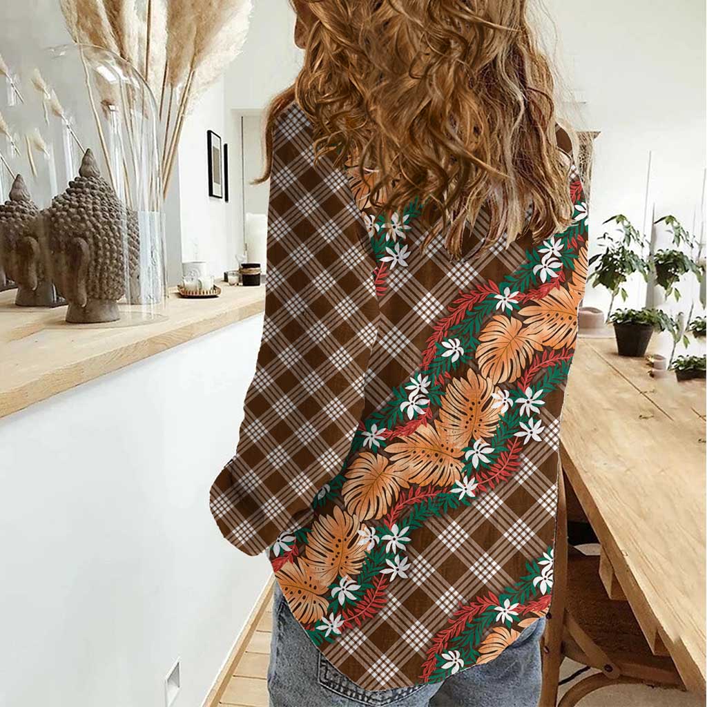 Polynesian Monstera Tiare Floral Women Casual Shirt Chocolate Brown Tropical Plaid LT01 - Polynesian Pride