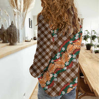 Polynesian Monstera Tiare Floral Women Casual Shirt Chocolate Brown Tropical Plaid LT01 - Polynesian Pride
