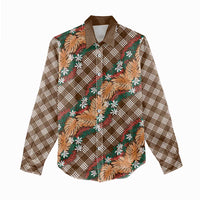 Polynesian Monstera Tiare Floral Women Casual Shirt Chocolate Brown Tropical Plaid LT01 - Polynesian Pride