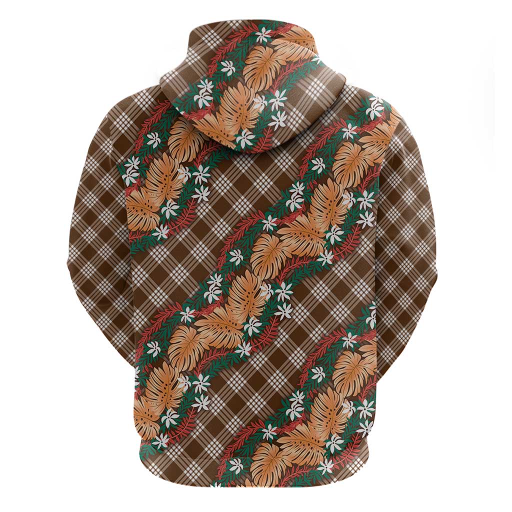 Polynesian Monstera Tiare Floral Zip Hoodie Chocolate Brown Tropical Plaid LT01 - Polynesian Pride