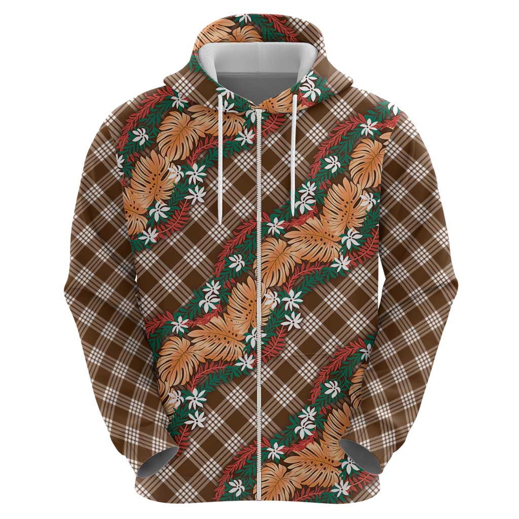 Polynesian Monstera Tiare Floral Zip Hoodie Chocolate Brown Tropical Plaid LT01 - Polynesian Pride