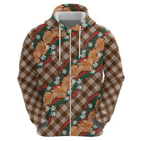 Polynesian Monstera Tiare Floral Zip Hoodie Chocolate Brown Tropical Plaid LT01 - Polynesian Pride