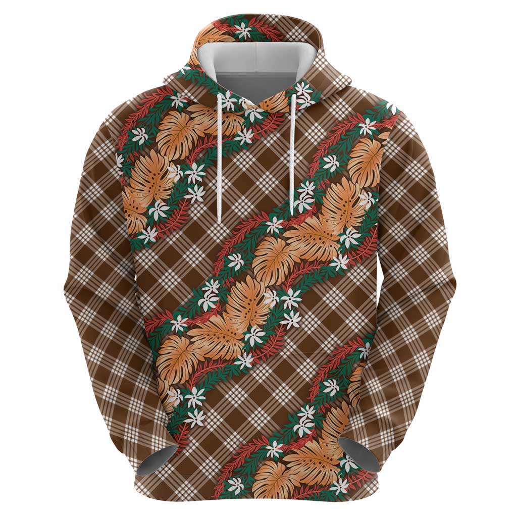 Polynesian Monstera Tiare Floral Zip Hoodie Chocolate Brown Tropical Plaid LT01 - Polynesian Pride