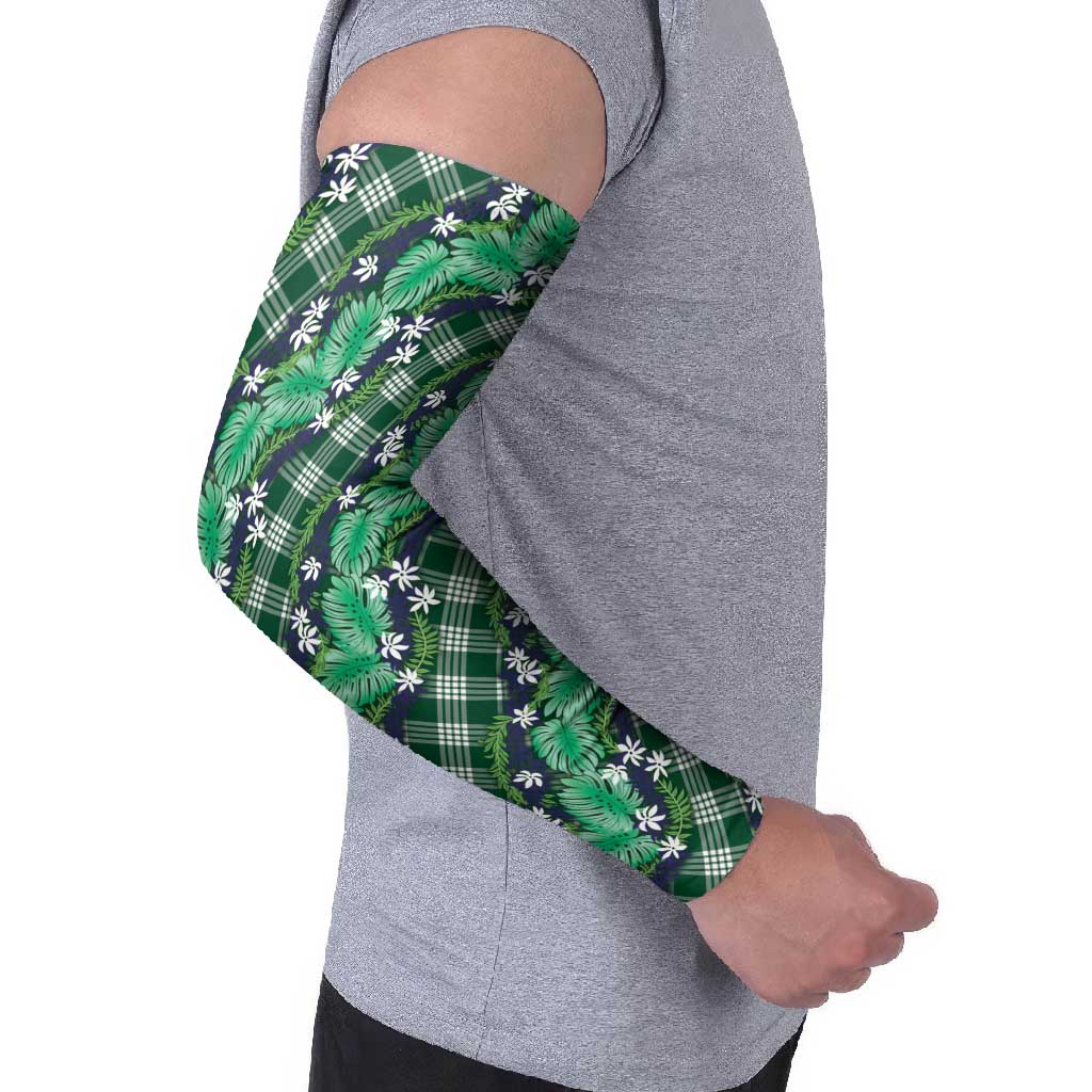 Polynesian Monstera Tiare Floral Arm Sleeves Forest Green Tropical Plaid LT01 - Polynesian Pride